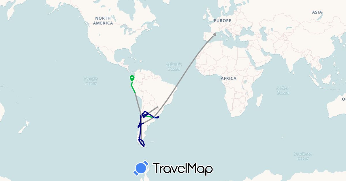 TravelMap itinerary: driving, bus, plane, boat in Argentina, Brazil, Chile, Ecuador, Spain, Peru, Uruguay (Europe, South America)